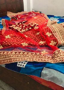 Elegant Cherry Red &amp; Gold Lehenga Set