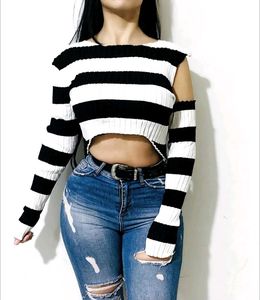 🤍🖤Striped Cut Out Sleeve Crop Top🖤🤍