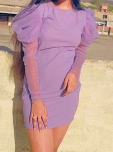 Lavender Mini Dress Puffed Sleeves