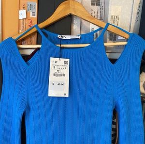 Zara Pointelle Blue Stretch Cold Shoulder Bodycon