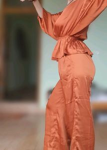 Rust Color Satin Kaftan Top Co-ord Set