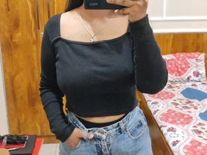 Zara Wide neck full sleeve black ribbed top