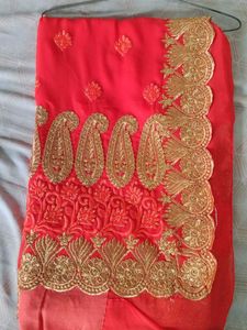 Red & Gold Embroidered Saree Fabric