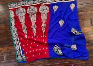 Royal Blue &amp; Red Saree Lehenga-Embroidered Blouse