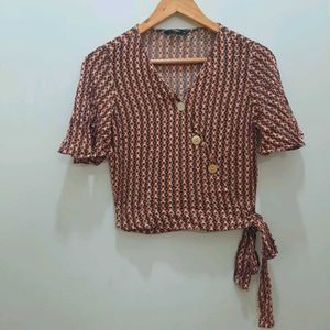 Retro Print Tie-Waist Top