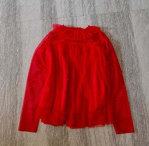 Red Tulle Long Sleeve Top