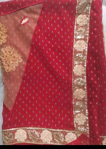Red Block Buti Saree With Net And Siquence Border