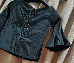 Black Lace-Up Back Blouse