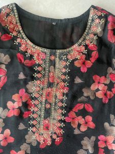 Floral Black Suit with Embroidered Neckline