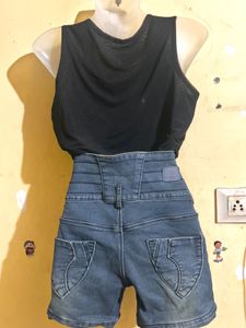 Black Top &amp; Denim Shorts Set