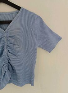 Blue Ribbed Ruched Button-Up Top