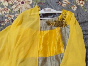 Elegant Yellow &amp; Grey Ethnic Dress