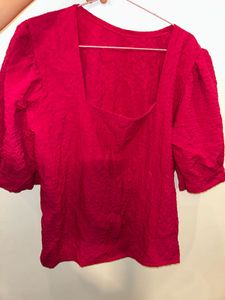 Red Puff Sleeve Button-Up Top