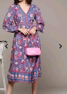 Floral Print V-neck  A line Dress