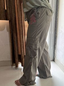 Olive Green Floral Cargo Pants