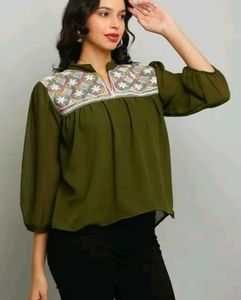 Olive Green Embroidered Top