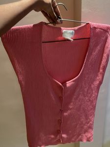 Coral Ribbed Button-Down Top