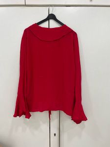 ❤️‍🔥Chic Red Ruffle Blouse with Flared Sleeve