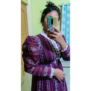 Purple Color Crocheted Neck Midi Dress