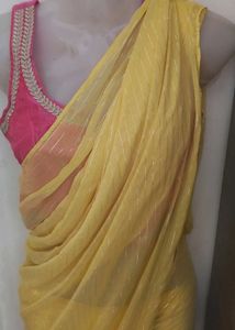 Yellow Ready To Wear Saree With Pink Blouse