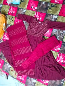 Maroon Flared Frock Pant With Dupatta..