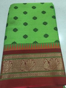 Green Cotton Saree with Peacock Border