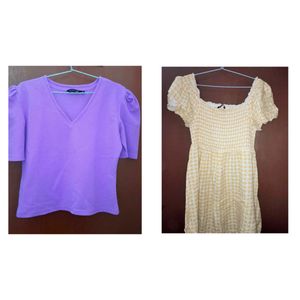 COMBO Yellow gingham & Purple Ribbed Crop Top