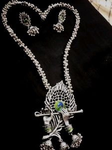 Krishna Flute Silver Necklace with Earrings