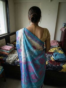 Elegant Blue Floral Saree with Golden blouse