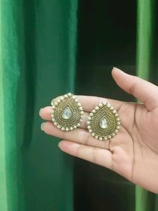 Copper Earrings With Stone In Between , White Beed