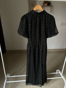 Metallic Polkadot Puff Sleeve Midi Dress