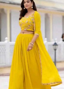 Women Yellow Ethnic Gown With Shrug ( 3 Piece Set)