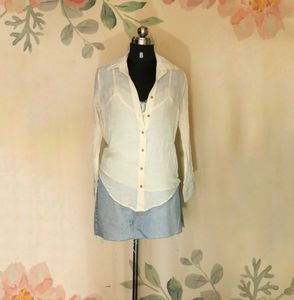 Zara Button-Down Shirt With Attached Lace Tabk Top