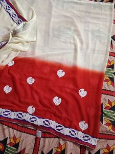 A Saree Half In Off White And rest Red