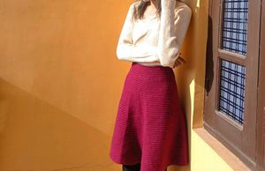Burgundy A-Line Skirt And Cream Top For Winter