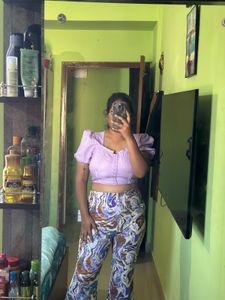 Purple Crop Top And Multicolour Trousers