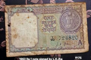 1964 Re.1 L.K.JHA signed bank note
