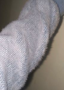 Denim Blue Color Woolen Jacket With Fur Look
