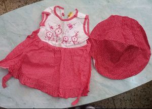 Red & white Combination Frock With a Hat