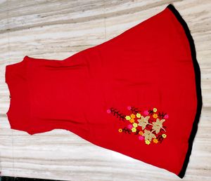 Red Long Frock With Woolen Embroidery