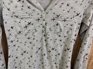 Grey Bird Print Long Sleeve Henley Top – S