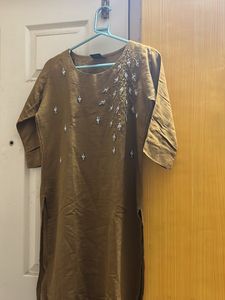 Beautiful Mustard Golden Stiched Pearl kurta