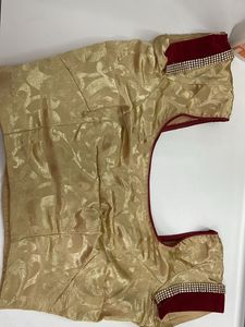 Golden With Maroon Strip Border Saree And Blouse