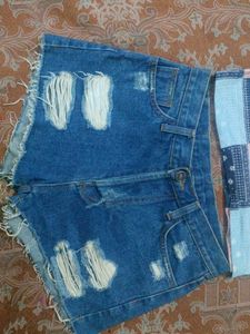 Distressed Denim Shorts &amp; Patchwork Top Set