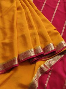 Mustard Yellow And Maroon Pure Crepe Silk Saree