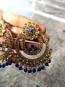 Gold &amp; Blue Beaded Hoop Earrings