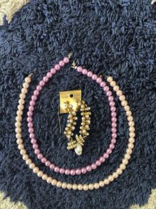Pair of White Pearl Earrings And Two Necklaces