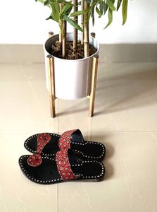 Black Jaipuri Kolhapuri Chappals with Red Block Pr