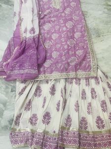 Pink Off white Kurta Three Pice Set With Sharara