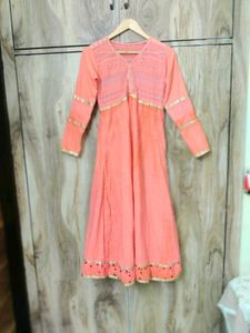 Coral Colour Cotton Long Designer Kurti Size-34